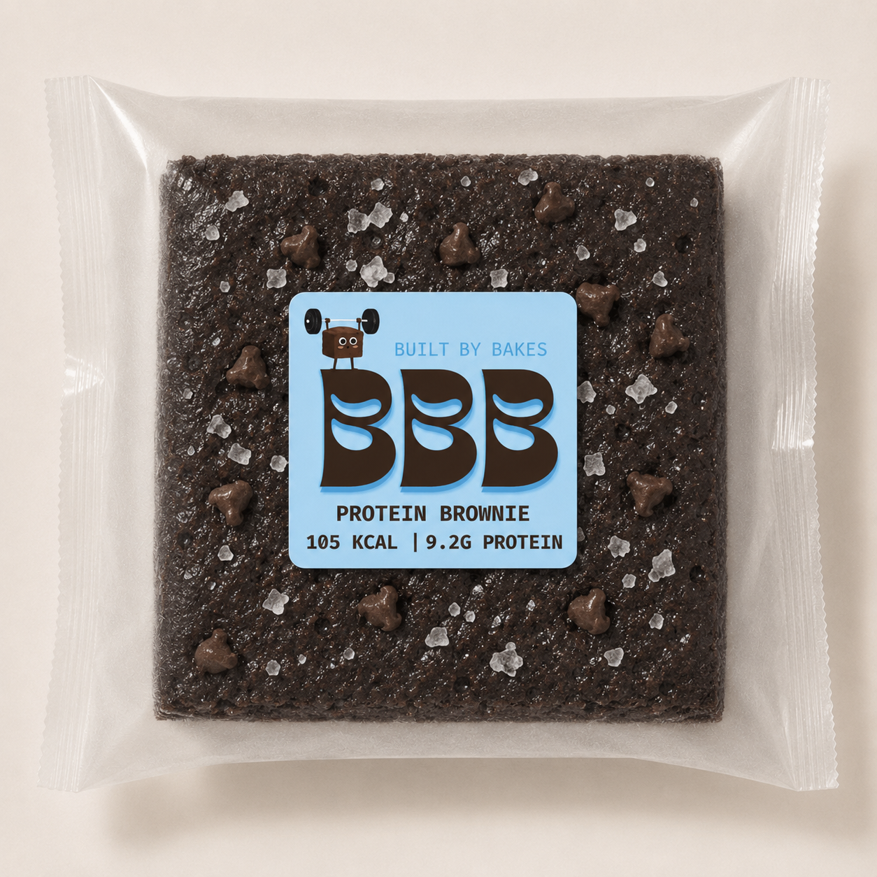 The Fudgy Sea Salt Protein Brownie in packaging